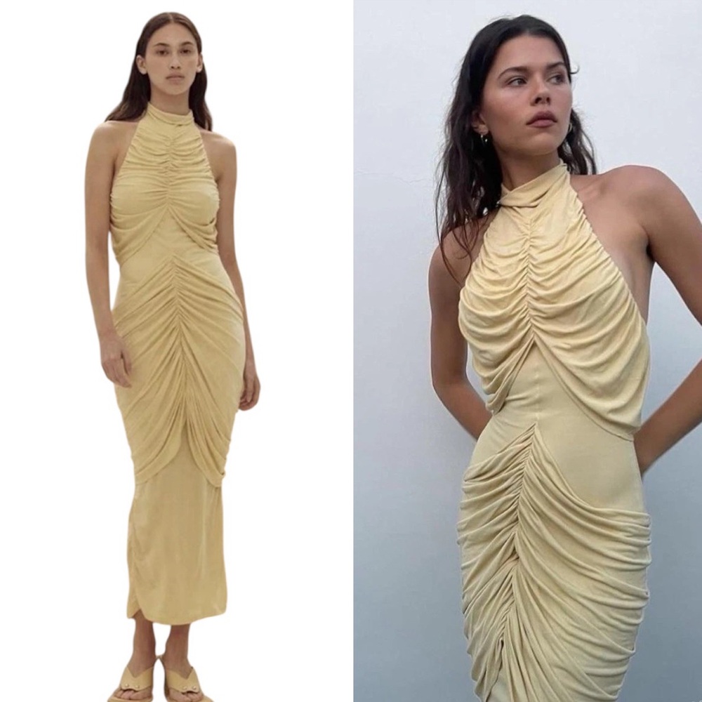 Paris Georgia Roxie Maxi Dress Gathered Draped Halter Knit Gown Butter Yellow M
